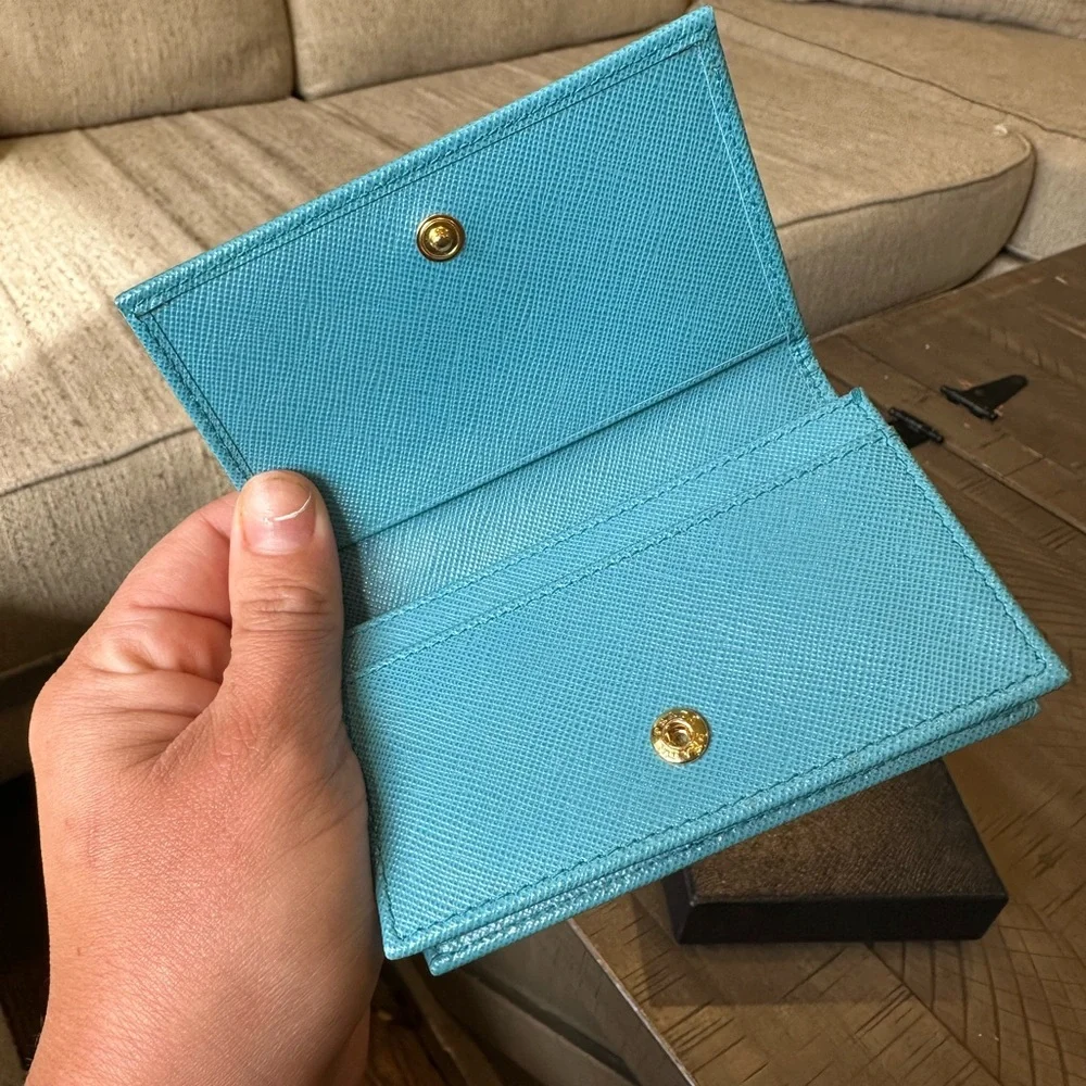 Prada Blue Saffiano Leather Card Holder with Gold Logo - Picture 6 of 12